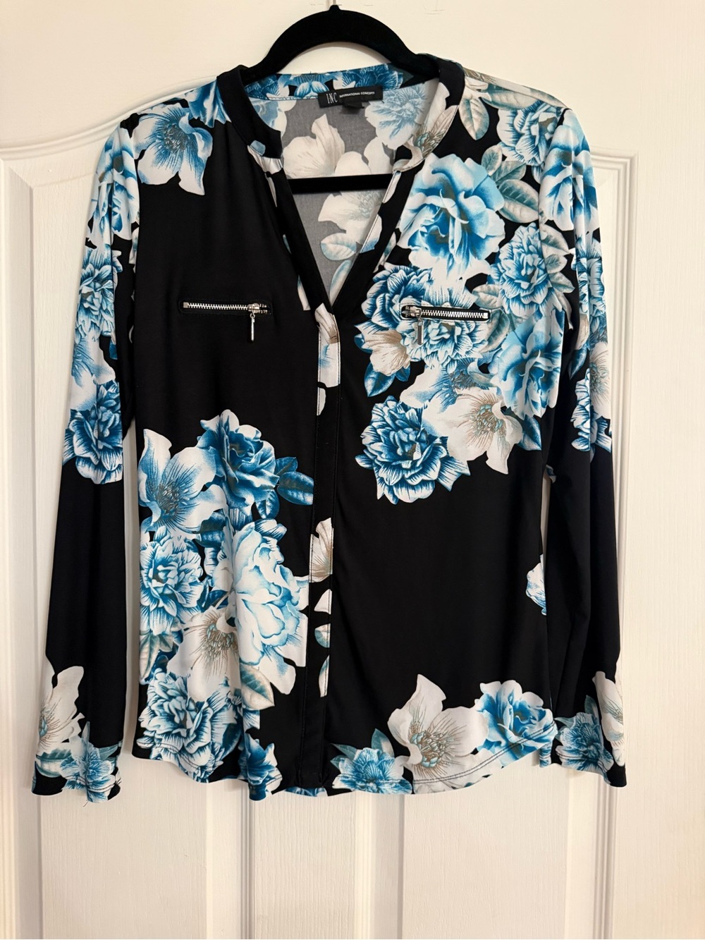 INC International Concepts Black & Blue Floral Zip-Pocket Blouse